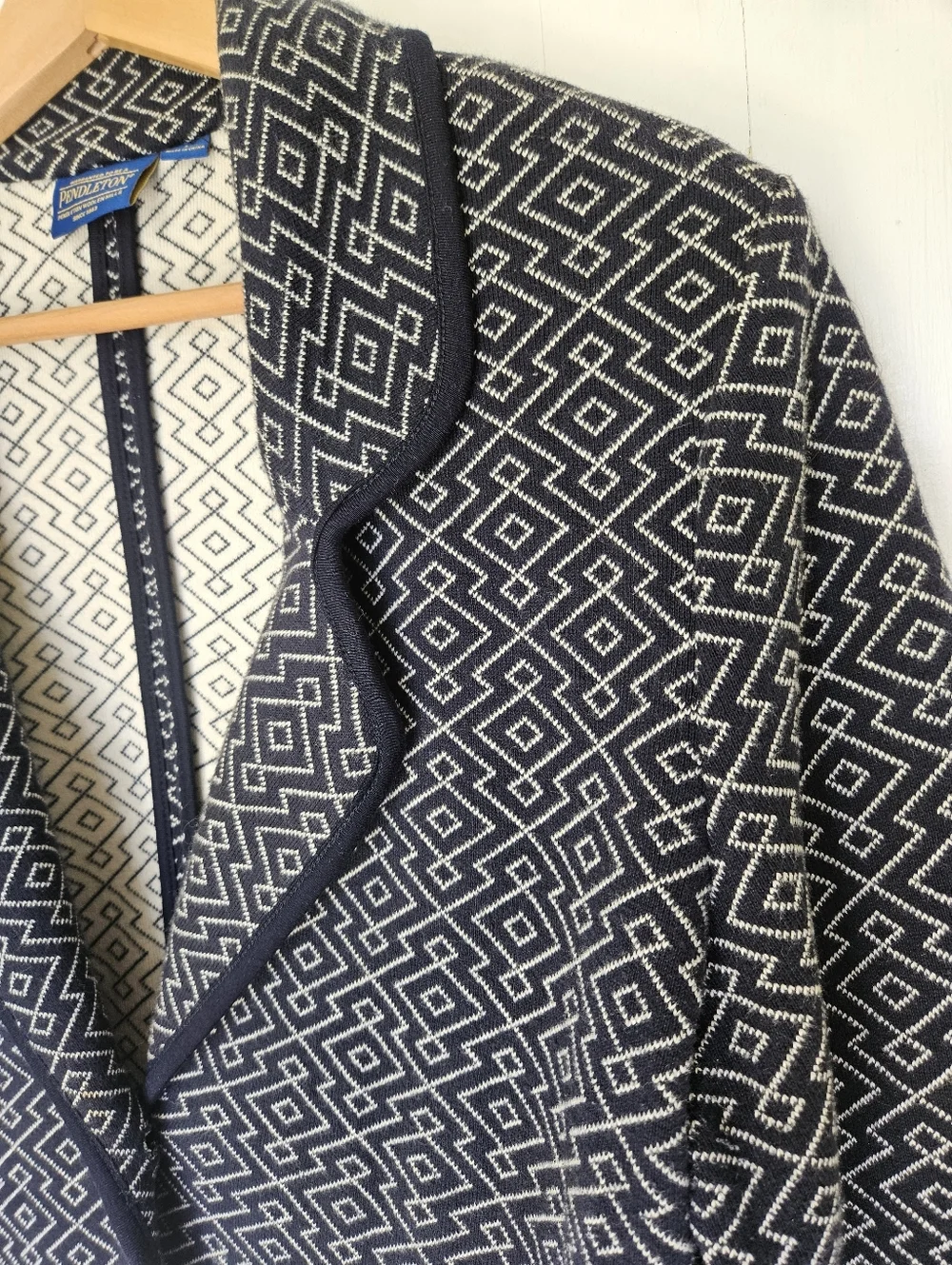 Pendleton Blue Geometric Print Cotton Tight Knit Sweater Blazer Womens Ladies L